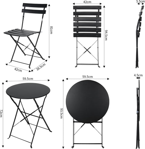 Tuinstoelen - Tuinmeubelen - 3-Delige - Tuin Eettafelstoelen - Inklapbaar Stoelen & Tafel - Bistroset - Moderne Stijl - Weerbestendig - Stabiel - Ruimtebesparend - Onderhoudsvriendelijk - 59.5 x 72 cm Tafel - 42 x 28.5 x 81 cm Stoel - Zwart