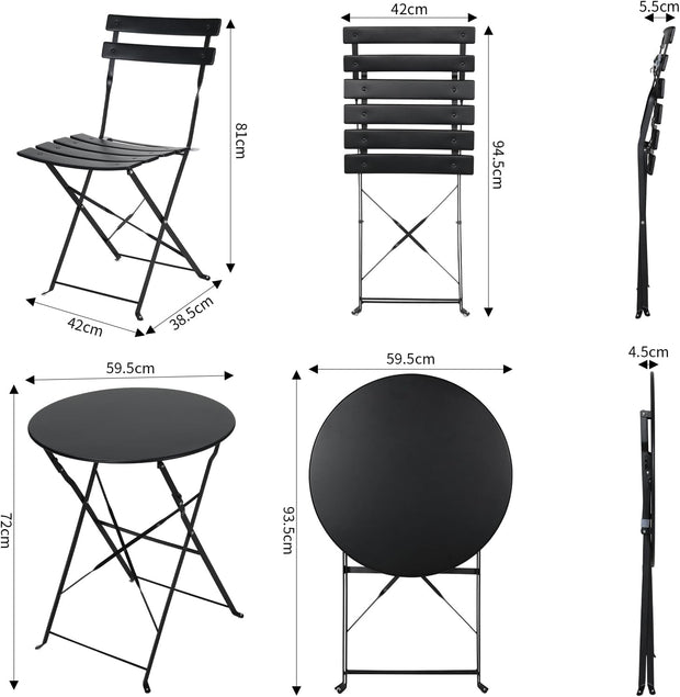 Tuinstoelen - Tuinmeubelen - 3-Delige - Tuin Eettafelstoelen - Inklapbaar Stoelen & Tafel - Bistroset - Moderne Stijl - Weerbestendig - Stabiel - Ruimtebesparend - Onderhoudsvriendelijk - 59.5 x 72 cm Tafel - 42 x 28.5 x 81 cm Stoel - Zwart