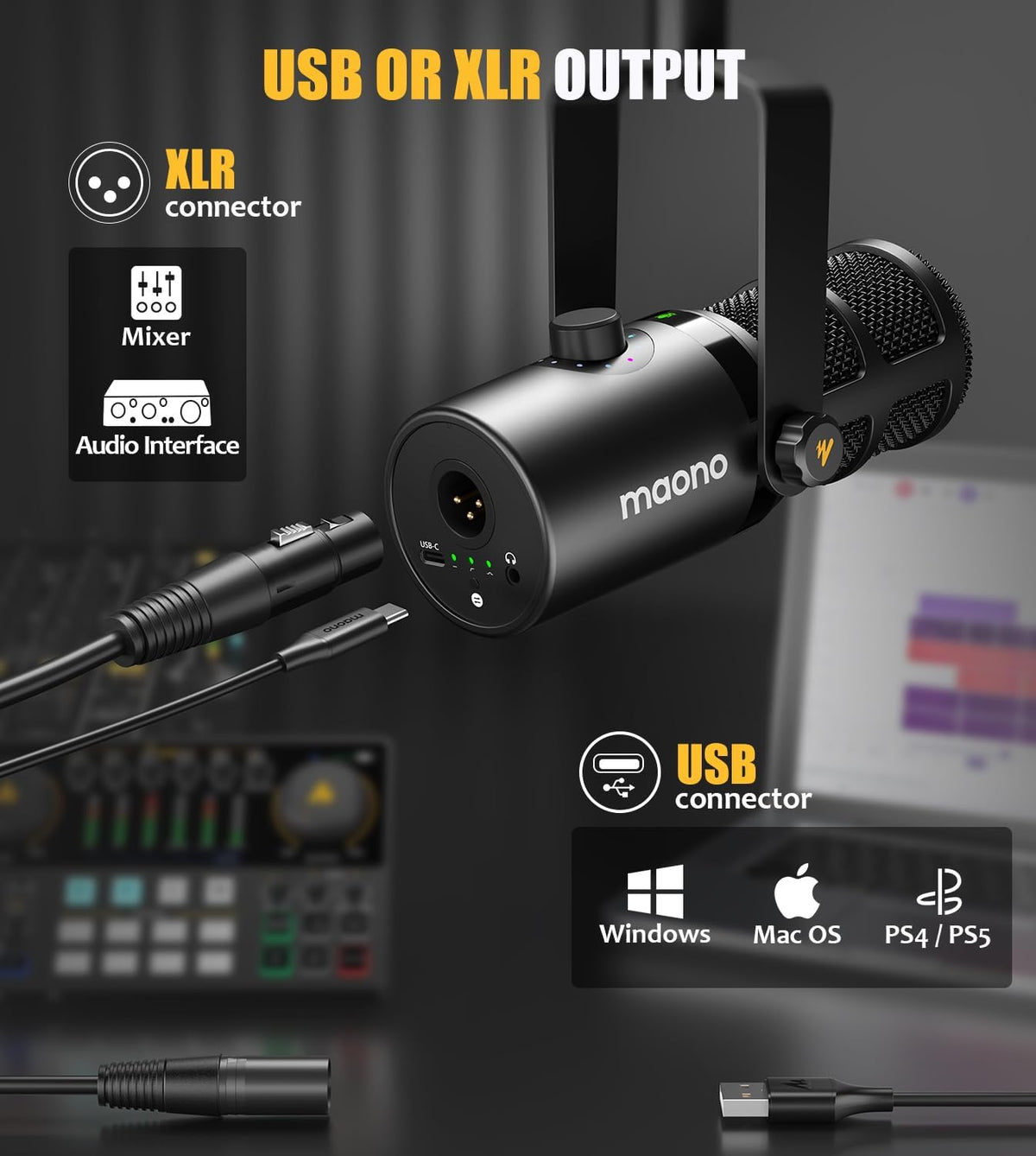 Dynamische microfoon – Podcastmicrofoon, Studiomicrofoon, Streamingmicrofoon, Gamingmicrofoon – USB en XLR aansluiting – Cardioïde opname, tap to mute en 3 in 1 bediening
