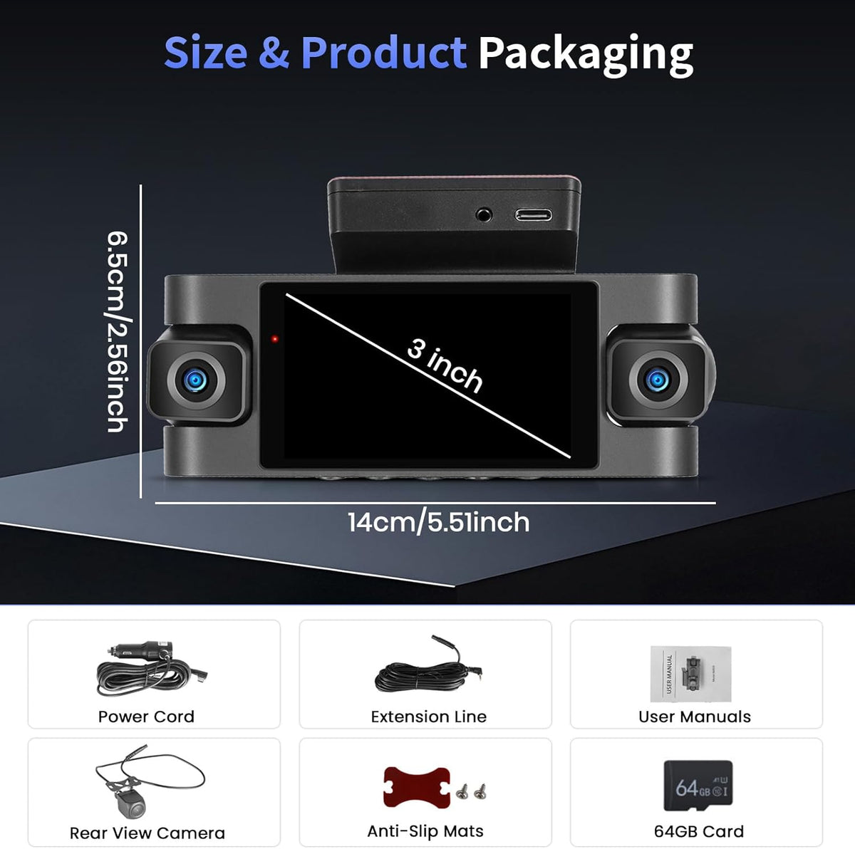 Hikity 4-kanaals dashcam, wifi dashcam 2K voor en 1080p achter binnen links rechts, autocamera met 64 GB kaart - wifi, G-sensor, loop-opname, nachtzicht, parkeerbewaking, achteruitrijassistent