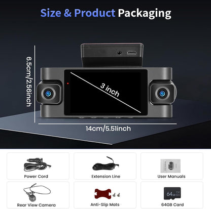 Hikity 4-kanaals dashcam, wifi dashcam 2K voor en 1080p achter binnen links rechts, autocamera met 64 GB kaart - wifi, G-sensor, loop-opname, nachtzicht, parkeerbewaking, achteruitrijassistent