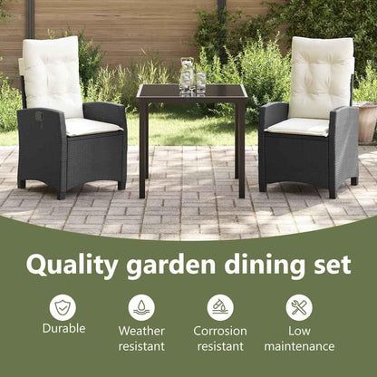 vidaXL Garden Dining Table Set with Cushion 3 pcs Black Poly Rattan, Elegant Garden Set, Modern Outdoor Furniture, Versatile Chairs, UV Resistant, Weatherproof Steel Frame - QUORE