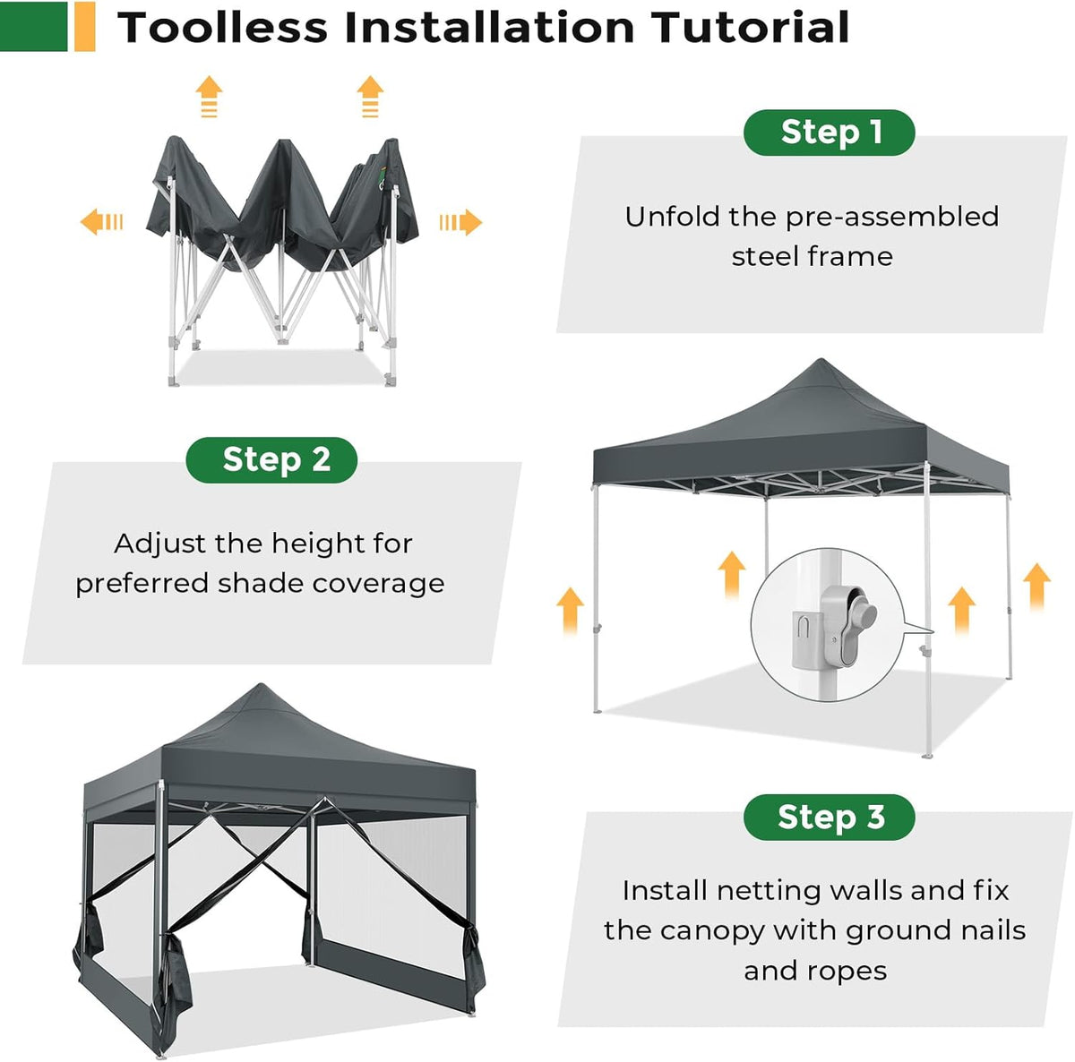 TOOLUCK Heavy Duty pop-up luifeltent met 4 zijwanden, commercieel tuinhuisje, feesttent met klamboe, muur, eenvoudig op te zetten, outdoor instantschermtent voor achtertuin, terras, tuin, grijs