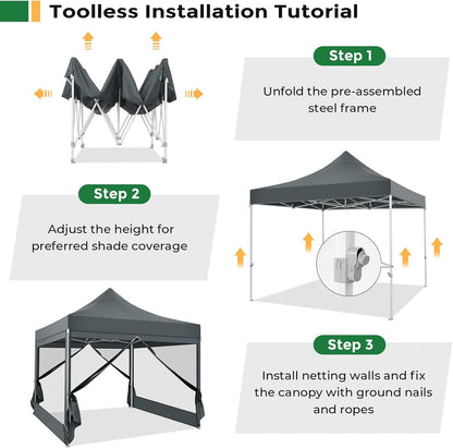 TOOLUCK Heavy Duty pop-up luifeltent met 4 zijwanden, commercieel tuinhuisje, feesttent met klamboe, muur, eenvoudig op te zetten, outdoor instantschermtent voor achtertuin, terras, tuin, grijs