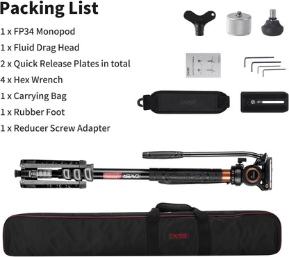 Monopod – Eenbenig statief – Camerastatief – Videostatief – Voor DSLR-camera – Aluminium – Vloeistofkop met 360° pan en verstelbare hoogte 70-180 cm