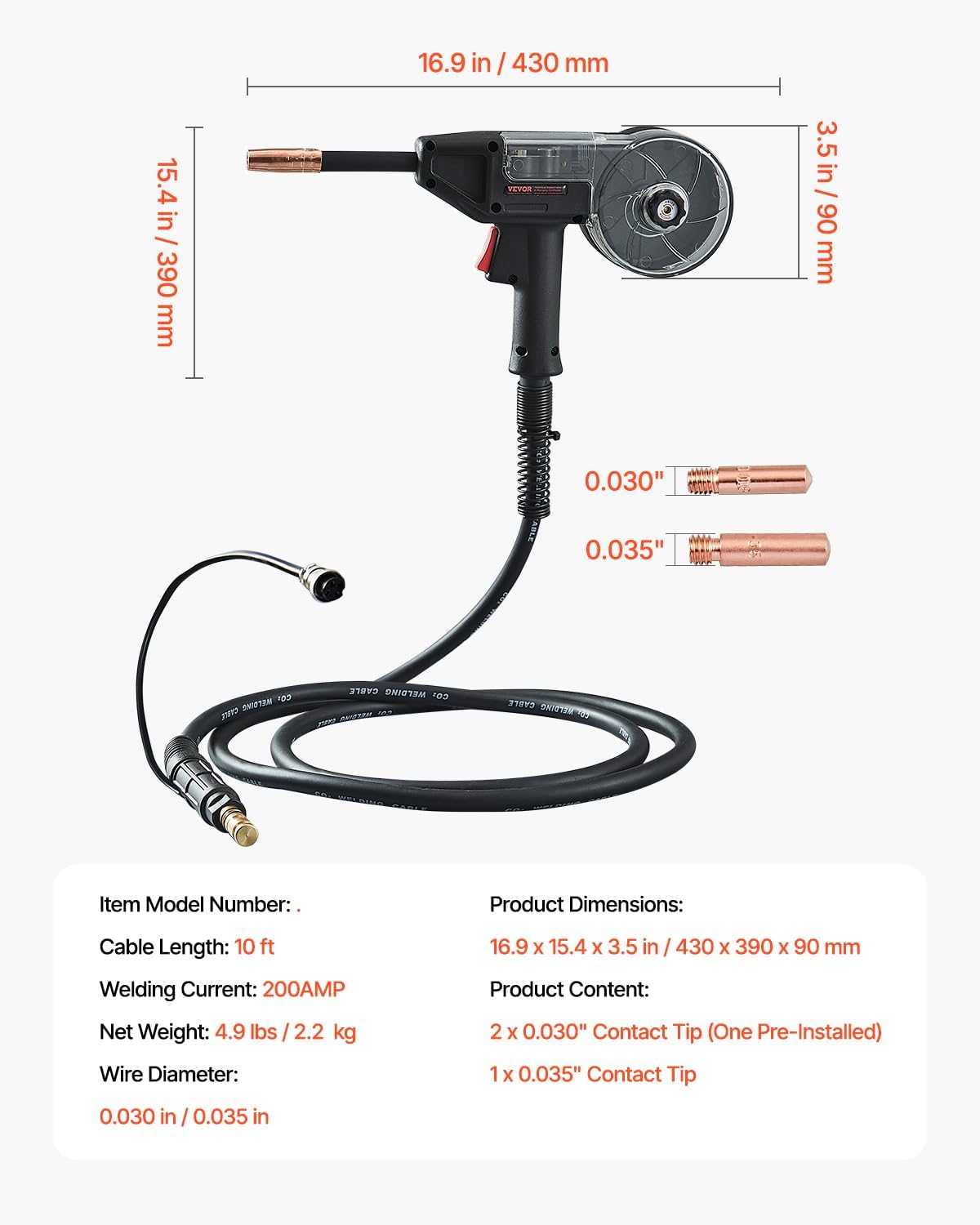 VEVOR 200 Amp MIG welding burner gun compatible with W Weldpro welding machines MlG200GDsv200 and MIG155GD for flux welding wires/solid aluminium welding wires 0.75 mm and 0.9 mm