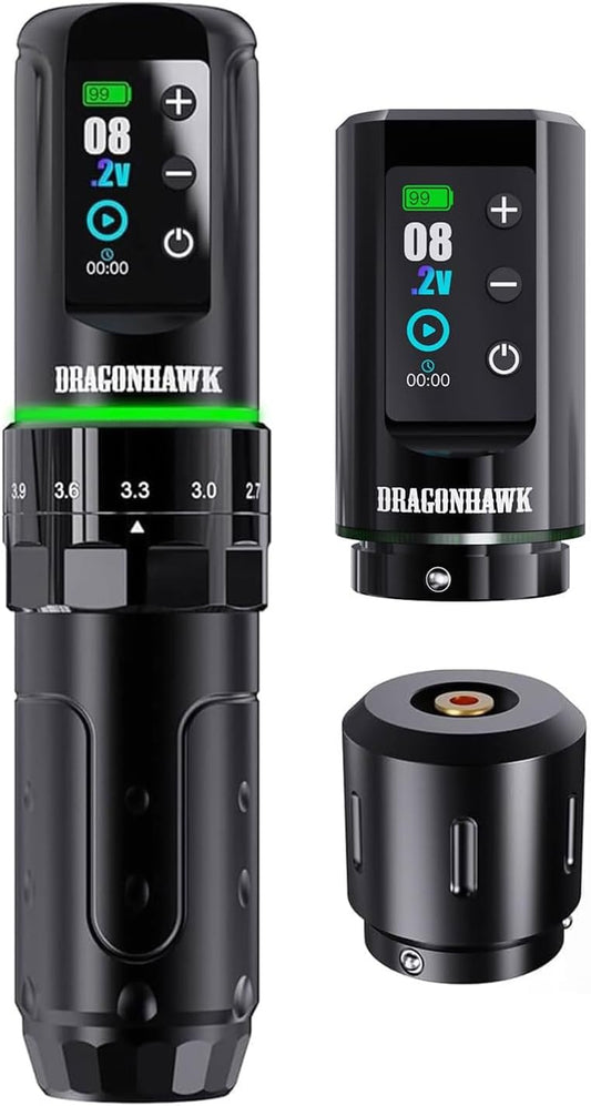 Dragonhawk L3 Tattoo Kit, Wireless Rotary Tattoo Gun Complete Pen Kit, 7 Strokes Length 2pcs Batteries 2000mAh Battery, RCA Connect,Tattoo Needles Cartridges for Beginners (2 BATTERIES)