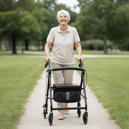 PEPE Mobility Rollator voor senioren met zitting (4 wielen, in hoogte verstelbaar, inklapbaar), loopwagen