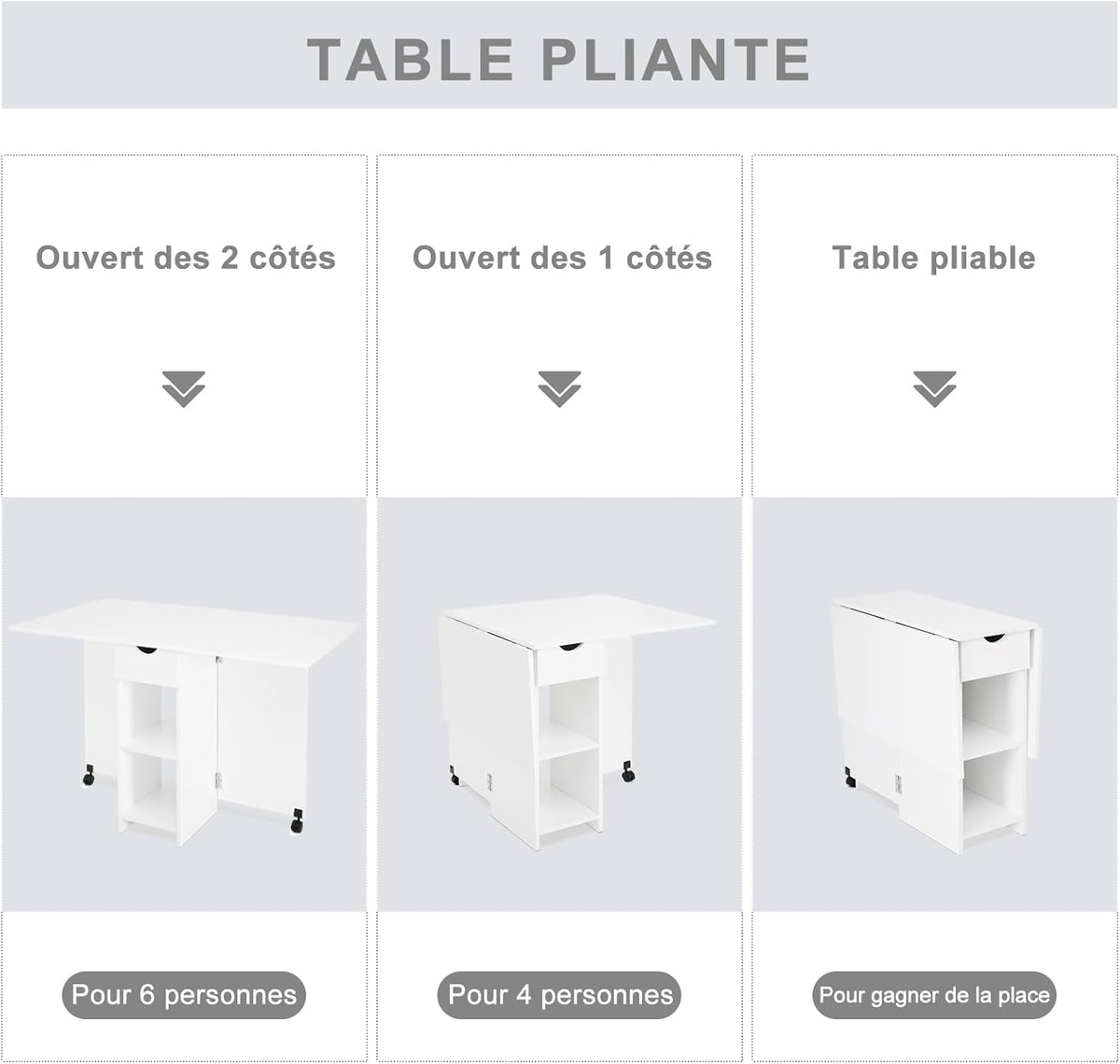 Mondeer Mobile Folding Table, Folding Dining Table, Suitable for Small Spaces with 1 Drawer and 2 Shelves for Dining Room and Kitchen, White H1071KT01WT 72 x 120 x 75 cm - QUORE