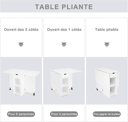 Mondeer Mobile Folding Table, Folding Dining Table, Suitable for Small Spaces with 1 Drawer and 2 Shelves for Dining Room and Kitchen, White H1071KT01WT 72 x 120 x 75 cm - QUORE