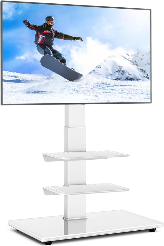 Tv-Vloerstandaard – Tv-Standaard – Televisiestandaard – Tv-Meubel – Tv-Houder – Wit, Voor 32-70 Inch – In Hoogte Verstelbaar – Draaibaar
