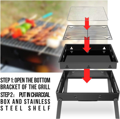 WOSTOO, Draagbare mini opvouwbare grill, BBQ Charcoal Picnic Garden Camping Party Beach Outdoor Barbecue-Black, 35 27 20 cm
