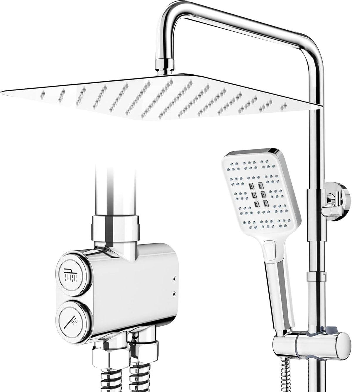 Doucheset – Regendoucheset – Doucherails – Douchekop Vierkant – 30,5 cm – RVS & Chroom – 3 Straalsoorten Handdouche – Verstelbare Stang 80-108 cm