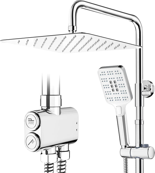 Doucheset – Regendoucheset – Doucherails – Douchekop Vierkant – 30,5 cm – RVS & Chroom – 3 Straalsoorten Handdouche – Verstelbare Stang 80-108 cm