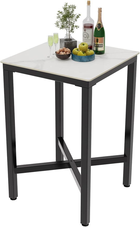 FATIVO Bartafel vierkant gesinterde steen: 70 x 70 cm glanzend wit marmeren staven tafels toonhoogte 105 cm cocktailtafel bar meubels voor thuis keuken ontbijt dineren, pub, coffeeshop, kantoor,