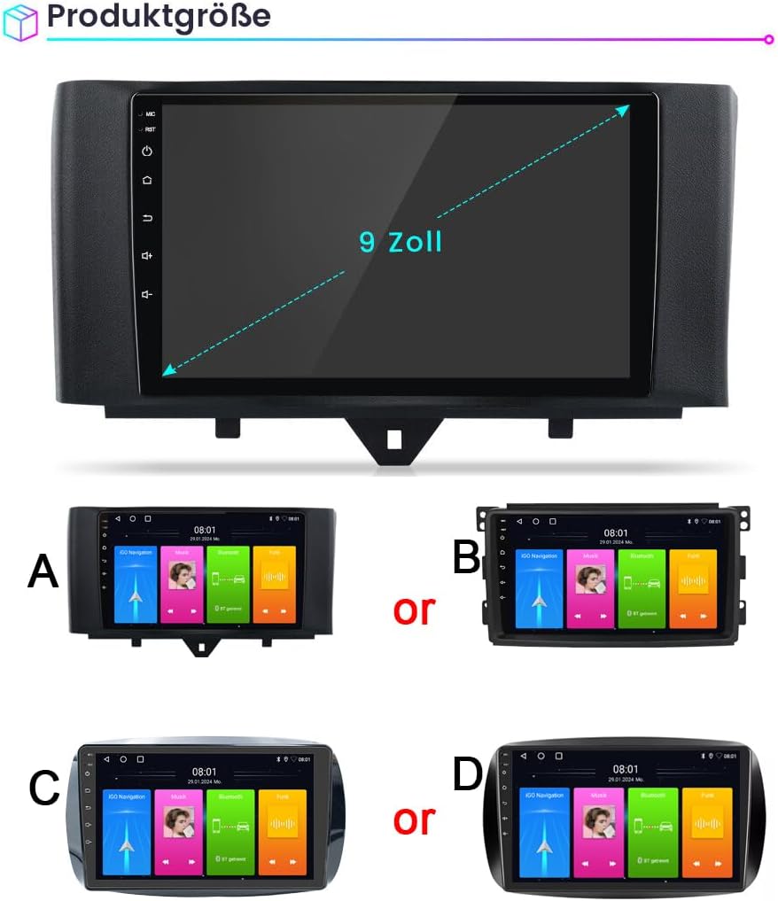 9'' GPS Navigatie Navigatie Navigator Autoradio met CarPlay & Android+Achteruitrijcamera Parkeersysteem Compatibel met Smart Fortwo Forfour Cabrio Cabrio Coupe 451 453 (Navigator D+Camera 8379)