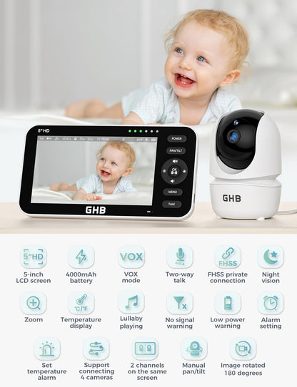 GHB Babyfoon met 2 camera's 5 inch 720P HD-display met tot 168 uur batterijduur in VOX-slaapmodus, tweerichtingscommunicatie, nachtzicht en temperatuurweergave