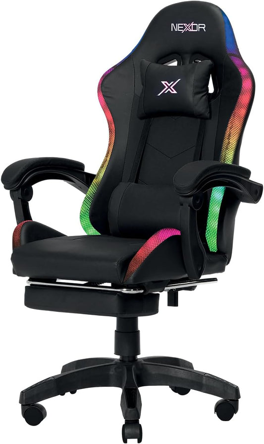 Wintem Gamingstoel met uittrekbare voetensteun, dubbel kussen en RGB-USB-ledlampjes voor absoluut comfort en futuristisch design, ideaal voor gaming, studio en kantoor