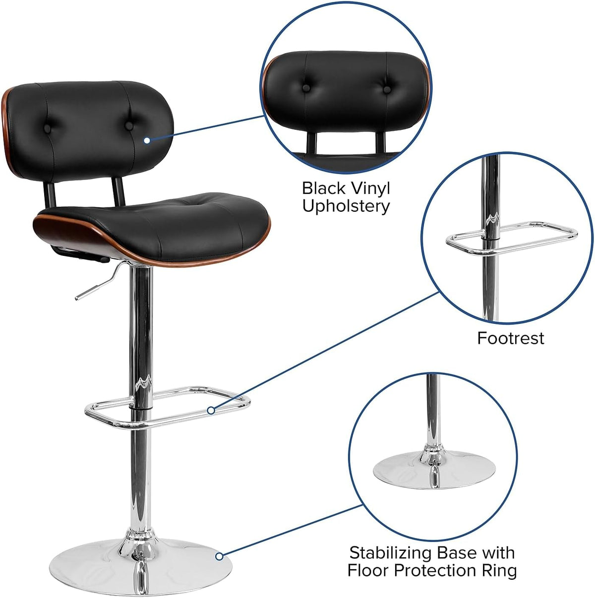 Flash Furniture Barkruk van walnoothout met verstelbare hoogte en met knopen gewatteerde zwarte vinyl bekleding