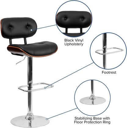Flash Furniture Barkruk van walnoothout met verstelbare hoogte en met knopen gewatteerde zwarte vinyl bekleding