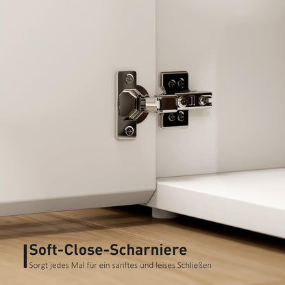 HOMCOM TV Schrank TV Board mit 4 Soft-Close-Türen Hochglanz TV Lowboard für Fernseher bis zu 65 Zoll mit Verstellbaren Ablagen, Kabelmanagement Fernsehtisch für Wohnzimmer Weiß 135x38x45cm