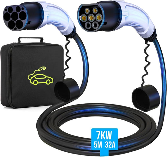 Type 2 EV-oplaadkabel met opbergtas, type 2 naar type 2 EV-laadkabel, 5 m, 7 kW, 32 A, 1-fase, snellader type 2 EV-oplader voor Tesla en elektrische voertuigen, auto's, thuis en in het openbaar