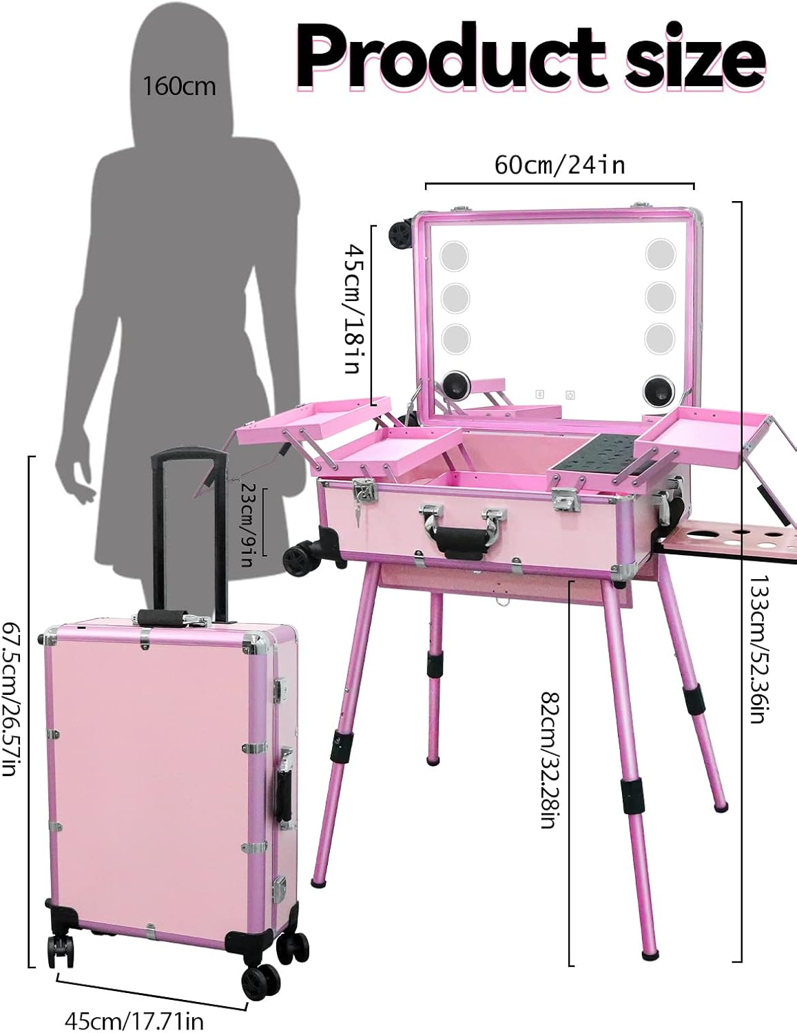 EBANKU Professionele Make-upkoffer, Rolling Makeup Travel Case Trolley Cosmetic Case met Verlichte Spiegel en Bluetooth, Multifunction Artist Cosmetic Case Hairdressing Trolley(Roze)