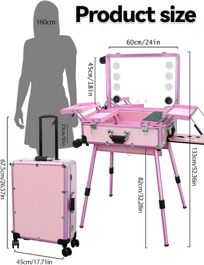 EBANKU Professionele Make-upkoffer, Rolling Makeup Travel Case Trolley Cosmetic Case met Verlichte Spiegel en Bluetooth, Multifunction Artist Cosmetic Case Hairdressing Trolley(Roze)