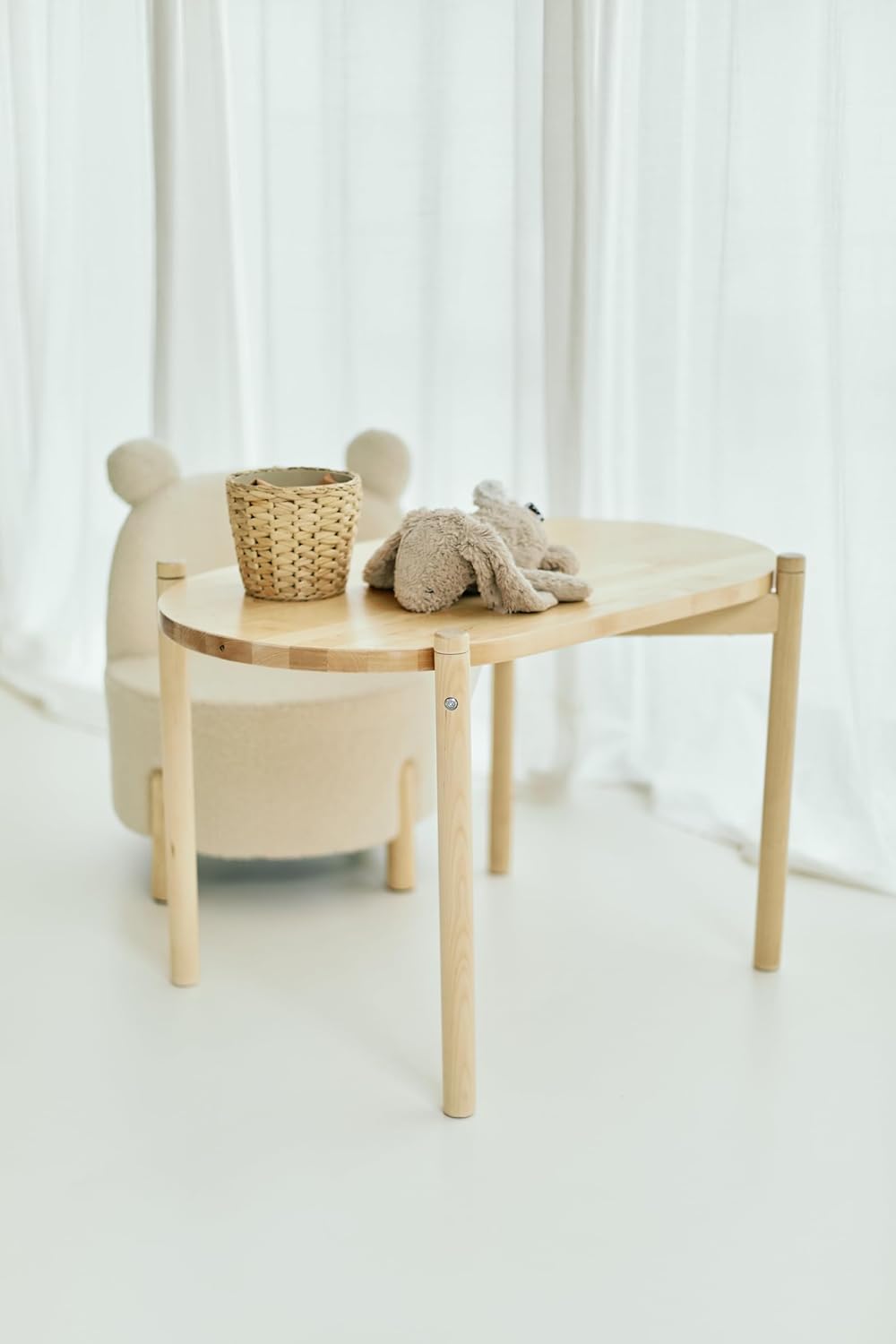 CHILDHOME, Babywieg, 2-in-1, schaalbaar, 0-6 maanden, berkenhout en teddymateriaal, tafel voor kinderen, activiteitstafel 6 maanden tot 6 jaar, matras inbegrepen, veilig, teddy ecru