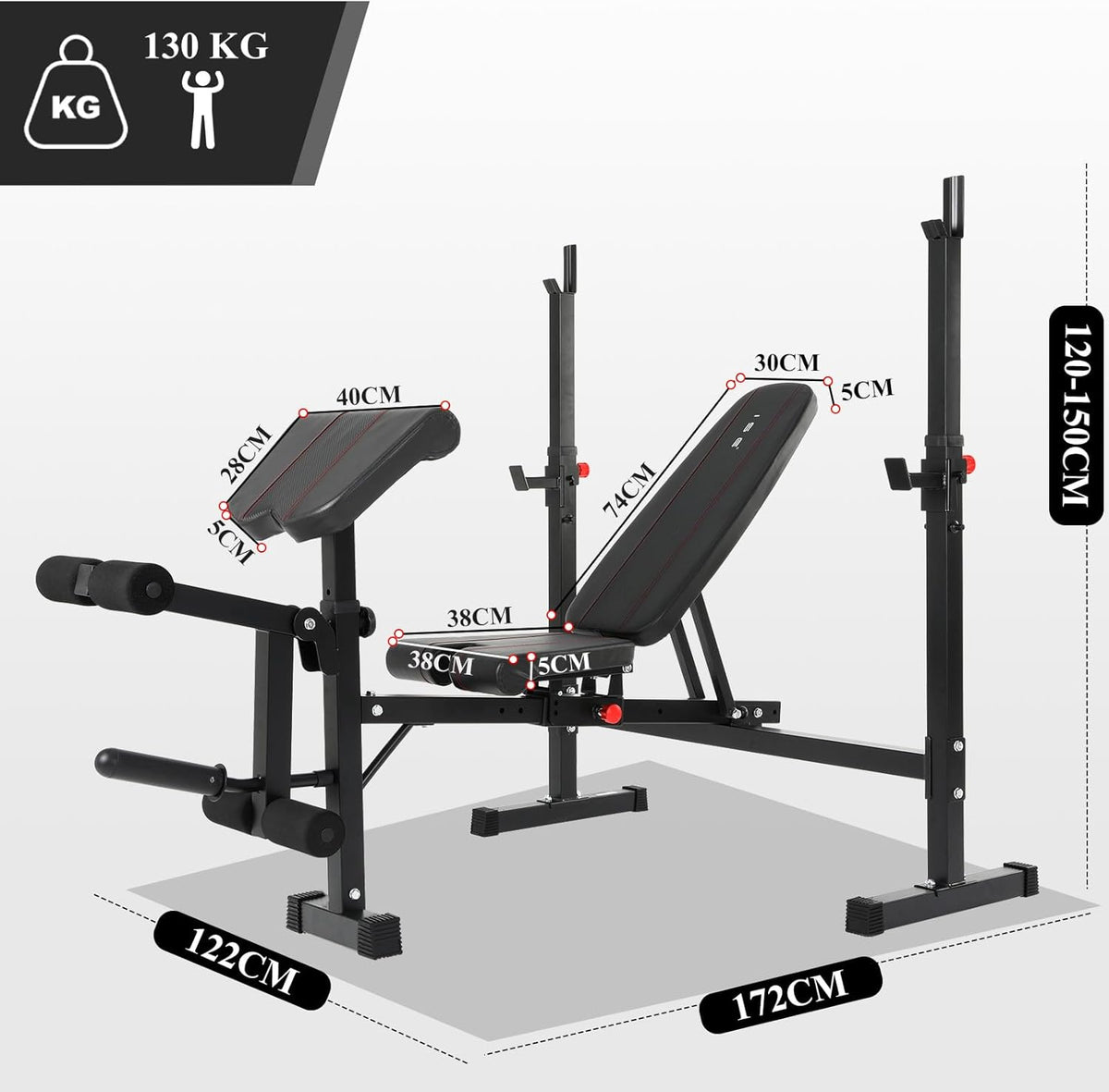 Multifunctionele halterbank, verstelbare trainingsbank met beencurler, 7-traps hoogteverstelling, zwart