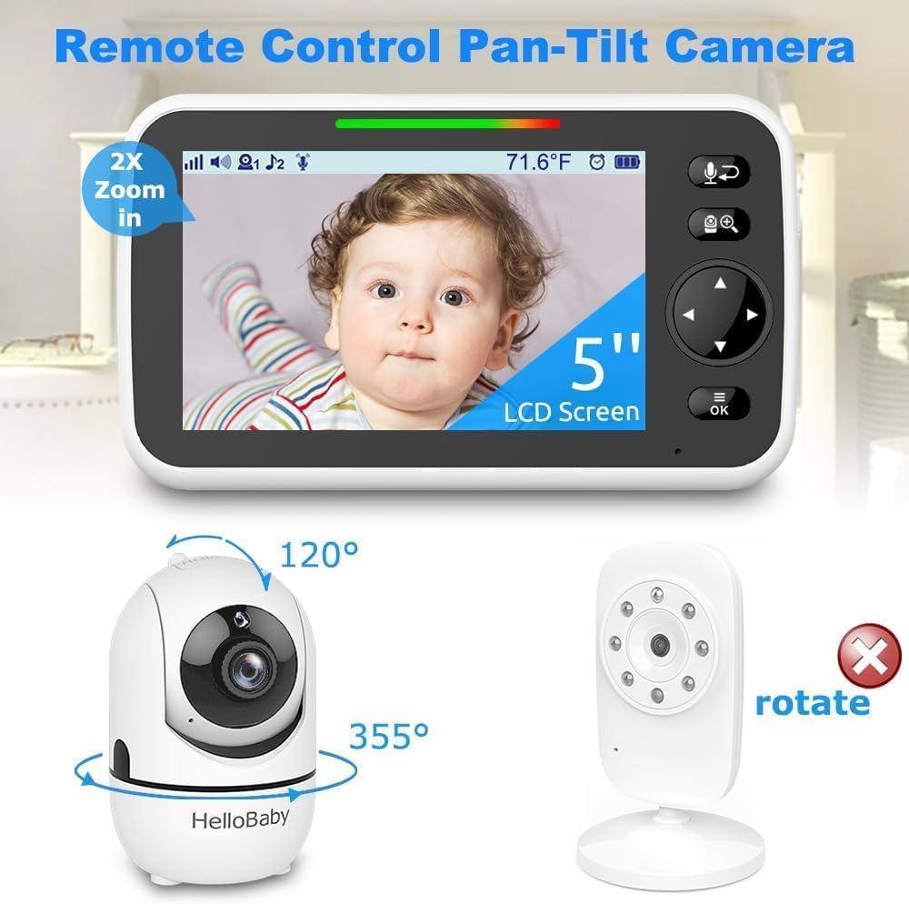 HelloBaby Babyfoon met Camera en Nachtzicht, 5 '' Display met 30 uur Batterij, Pan-Tilt-Zoom Video Babyfoon Geen WiFi, 2-Weg Gesprek, Temperatuur, 8 Slaapliedjes en 300 m Bereik