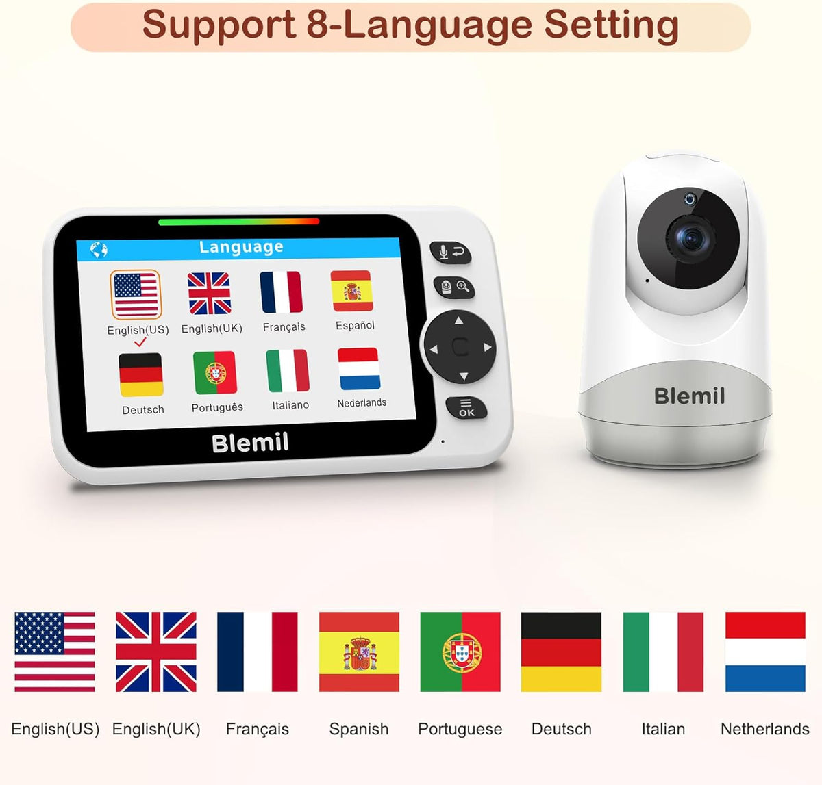 Blemil Monitor voor baby's met batterij van 30 uur, Monitor voor baby's video van groot scherm van 5 inch met camera en audio, nachtzicht, zwabbers, zonder WiFi