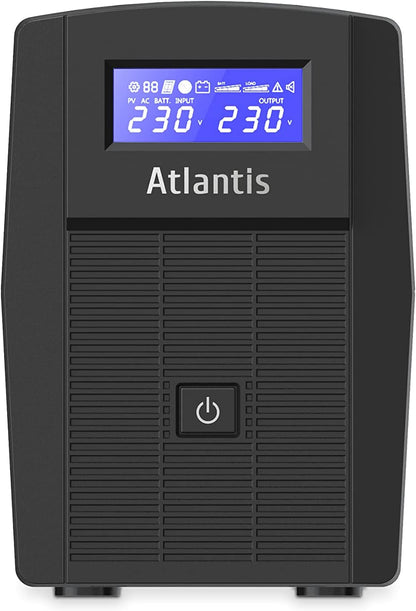 Atlantis A03-HP1003 Ononderbroken stroomvoorziening, zuivere sinusgolf, 800 VA 480 W Line Interactive, LCD-display, USB-HID-aansluiting, 2 Shuko-uitgangen + Alim-kabel, 1 accu 12 V-9 Ah,