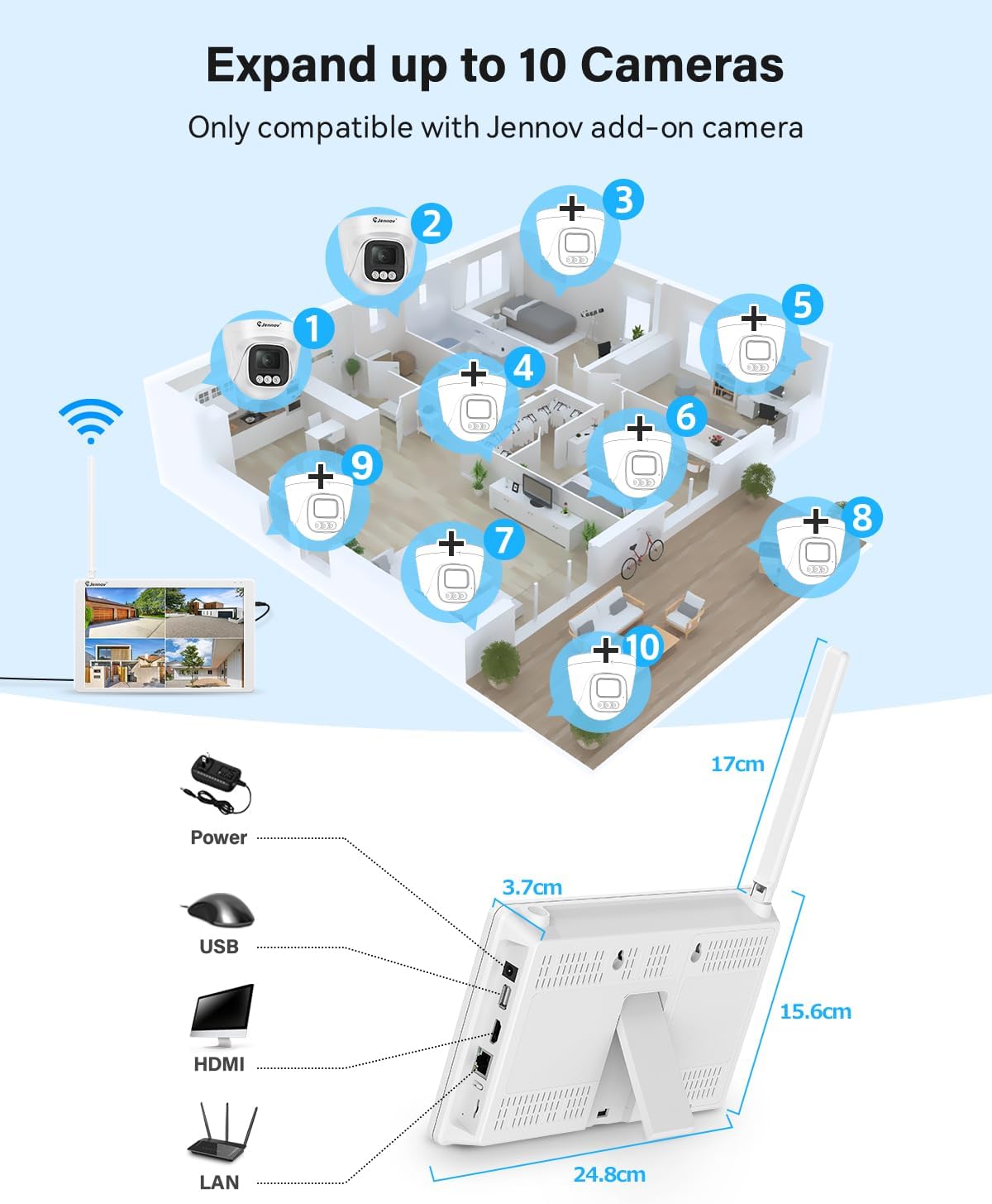 5MP Bewakingscameraset – Beveiligingscamera – Toezichtcamera – Buitencamera – WiFi Camera – 10" Monitor – 2 Draadloze Camera’s – AI Persoonherkenning & Geluid-Licht Alarm