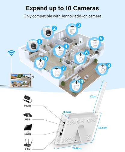 5MP Bewakingscameraset – Beveiligingscamera – Toezichtcamera – Buitencamera – WiFi Camera – 10" Monitor – 2 Draadloze Camera’s – AI Persoonherkenning & Geluid-Licht Alarm
