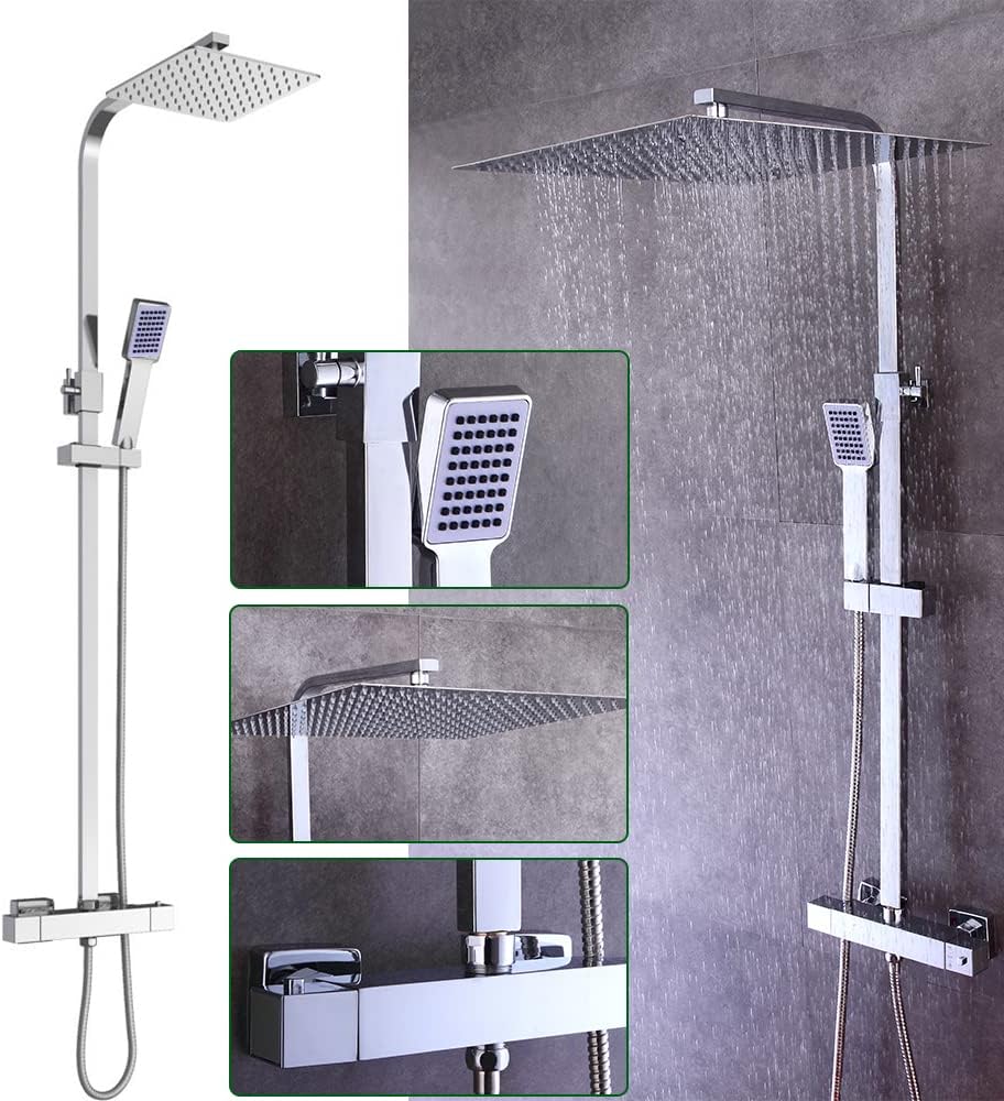 Thermostatisch Regendouche Systeem – Douchekolom – Regendouche – Douche Set – Douchekraan – Roestvrijstalen Regendouche 40x40 cm – Hoogte Verstelbaar – Veiligheidsslot 38°C