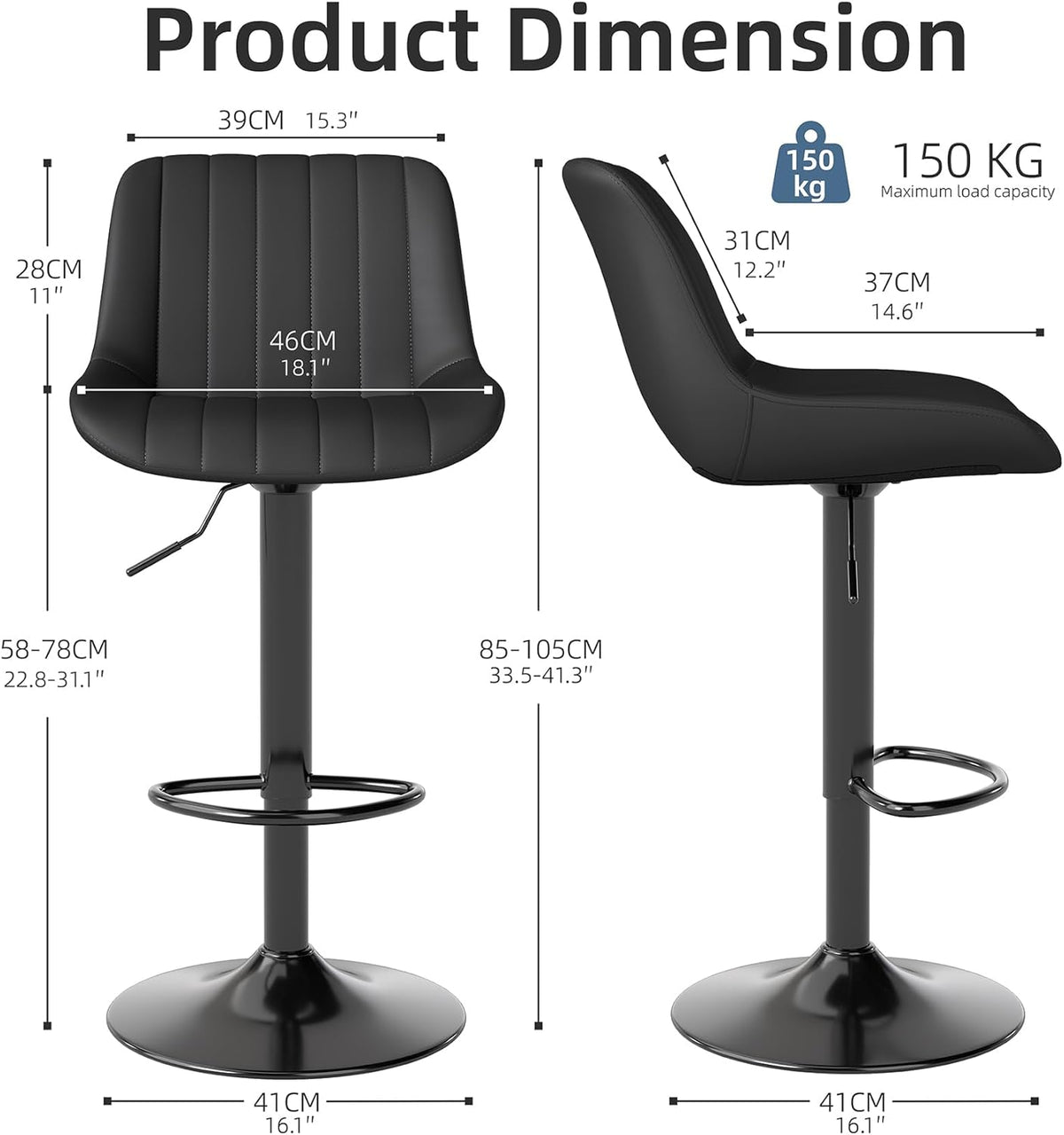 Youhauchair Barkrukken Set van 2, In Hoogte Verstelbare Barkruk met Rugleuning, PU Lederen Barstoelen Bar Stool, Moderne Barstoel Keuken Kruk
