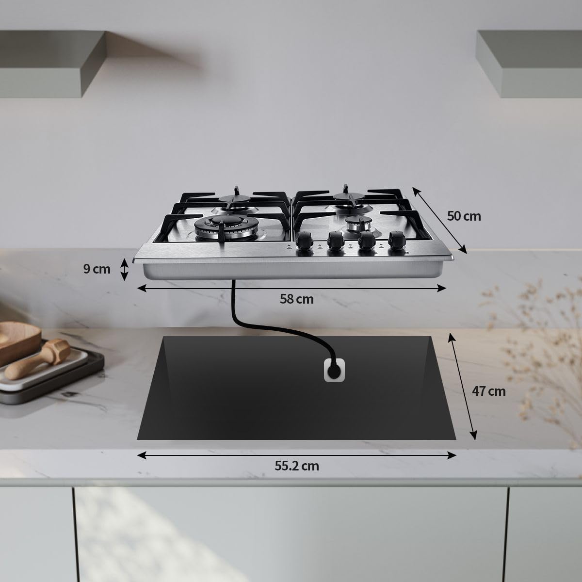 Gaskookplaat – Gasfornuis – Inbouwkookplaat – 4-pits Kookplaat – Gasstel – Roestvrij Staal – Automatische Vlambescherming – 8060 W Vermogen