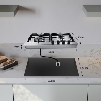Gaskookplaat – Gasfornuis – Inbouwkookplaat – 4-pits Kookplaat – Gasstel – Roestvrij Staal – Automatische Vlambescherming – 8060 W Vermogen