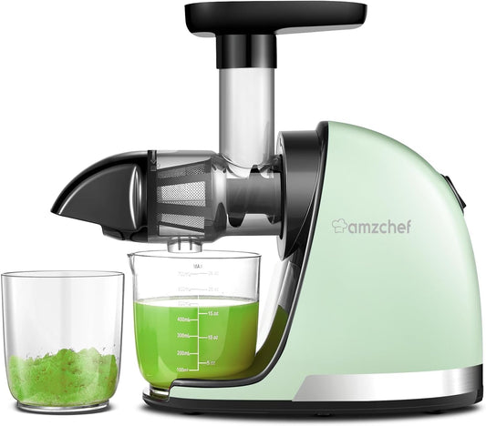 AMZCHEF Cold Press Slow Juicer Machine - Masticating Elektrische Vruchtenpersen voor Groente en Fruit - Delicate Chew Geen Noodzaak om te Filteren - Sapcentrifuge met 2 Kopjes en Borstel - Mintgroen
