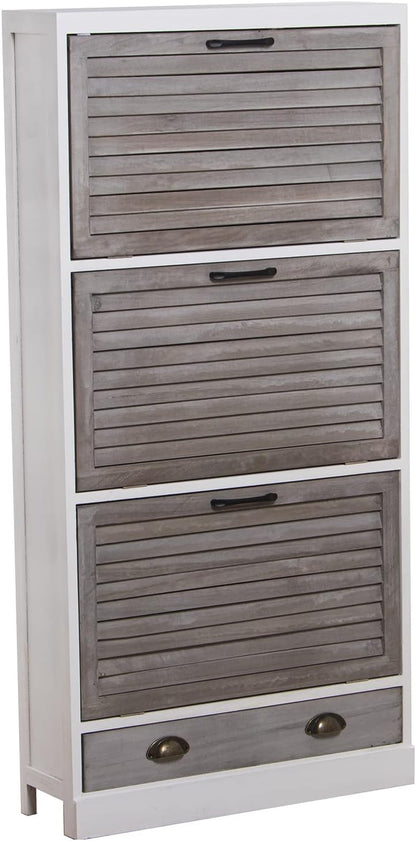 DRW Schoenenkast met 3 deuren en 1 lade van Paulownia in wit en grijs, 65 x 20 x 132 cm