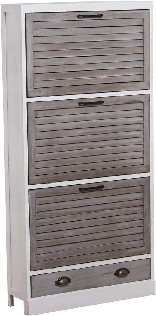 DRW Schoenenkast met 3 deuren en 1 lade van Paulownia in wit en grijs, 65 x 20 x 132 cm