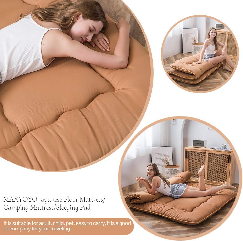 MAXYOYO Vouwmatras Futon matras vloermatras gewatteerd Japans tatami gewatteerd bed, dikke vouwmatras slaapmat rolmatras vloerligbed gastenmatras (lichtbruin, 150 x 200 cm)
