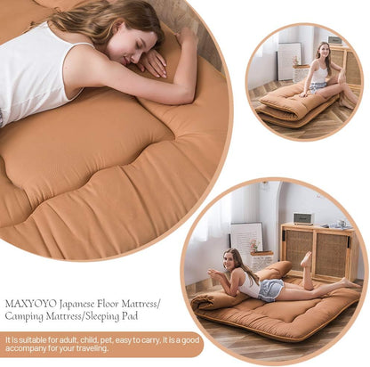MAXYOYO Vouwmatras Futon matras vloermatras gewatteerd Japans tatami gewatteerd bed, dikke vouwmatras slaapmat rolmatras vloerligbed gastenmatras (lichtbruin, 150 x 200 cm)