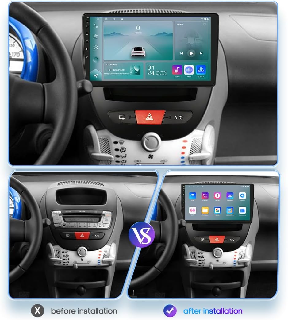Android 13 autoradio, 10,1 inch touchscreen, 4-core voor Peugeot 107/Toyota Aygo/Citroen C1 2005-2014 WiFi CarPlay/Android Auto Bluetooth 4G SWC GPS RDS 2 GB + 64 GB