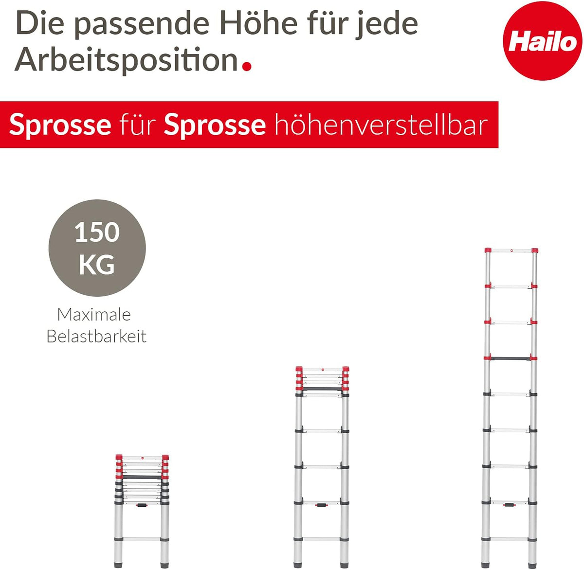 Hailo T80 FlexLine aluminium veiligheidstelescopische ladder - uittrekbare ladder met 9 sporten - werkhoogte tot 340 cm - gewicht 8,1 kg - zilver