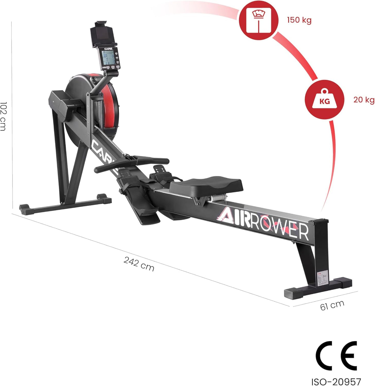 Care Fitness - Rowing Machine - Air Rower - Central Chain Puller - Air Brake System - 10 Adjustable Resistance Levels - Advanced Features - QUORE