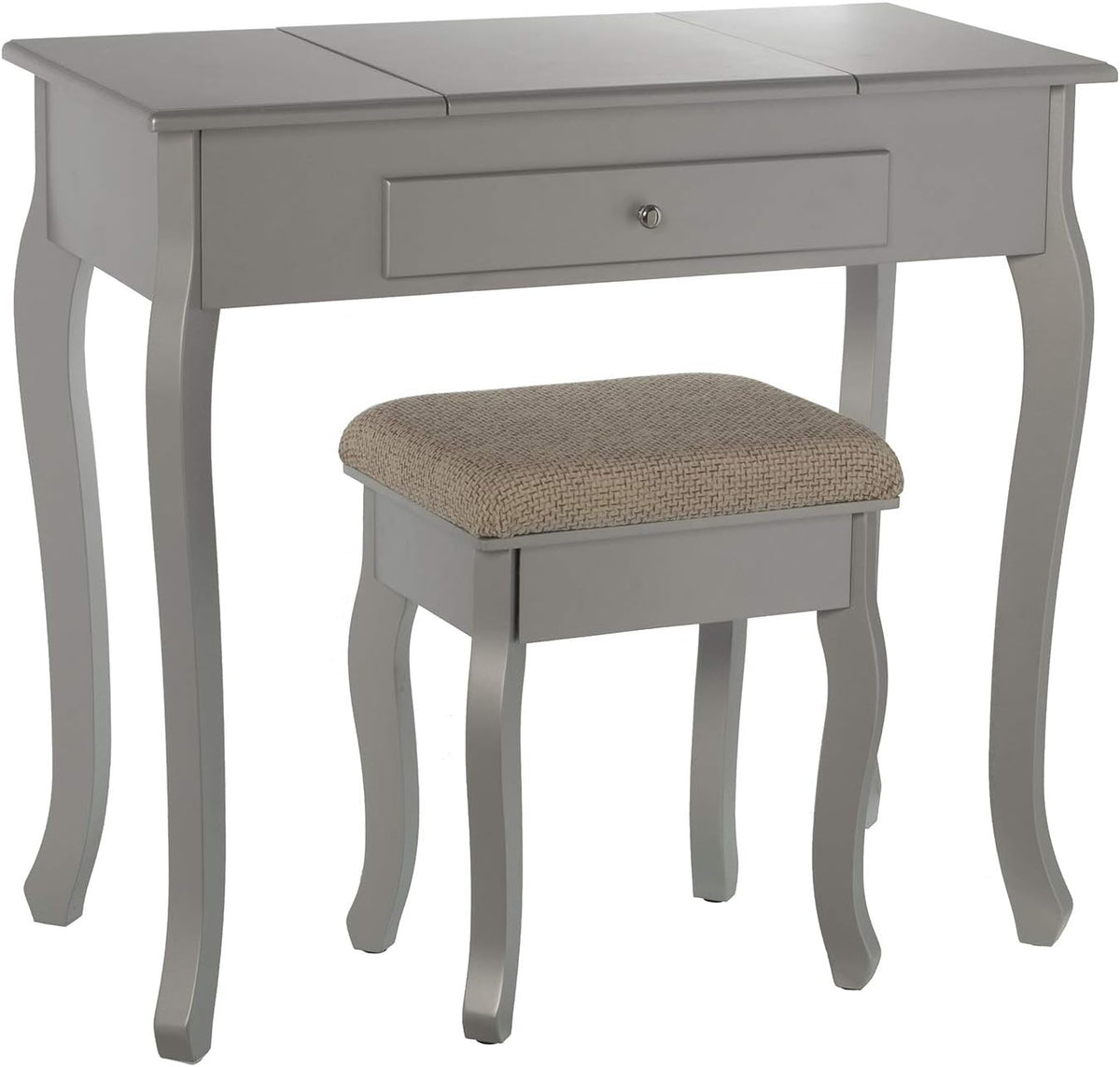 DRW Make-uptafel met 1 lade en spiegel en bank van hout, 80 x 40 x 74 cm, bank 36,5 x 29 x 46 cm (zilver)