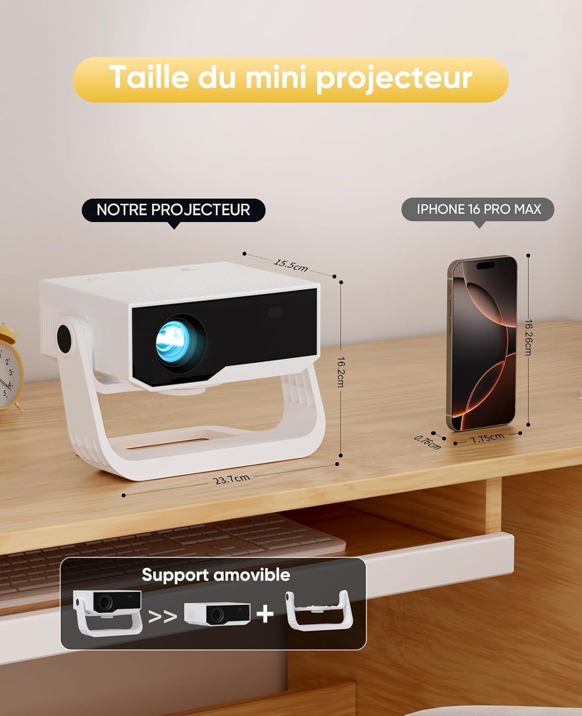 Intelligente videoprojector Wielio Android 11, FHD 1080p compatibel met 4K, WiFi6 & BT5.2, 28.000 lumen, ondersteuning 120 graden verstelbaar, elektronische focus, trapeziumcorrectie voor iOS/Android