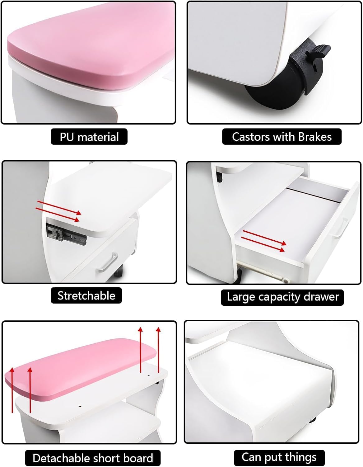 Pedicure voetsteun met wielen Roze/Wit – Manicure voetsteun – Voetsteun voor salon – Pedicure voetbank – Voetsteun met opbergruimte – Verwijderbare PU-bekleding – 4 zwenkwielen met rem